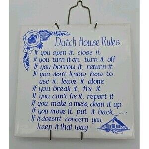 Vintage Dutch House Rules Ceramic Wall Tile‎ 6in Czech Republic Hanger